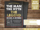 Retirement Party Invitation. The Man The Myth The Legend Is Retiring EDITABLE Invite. Gold Printable RE1