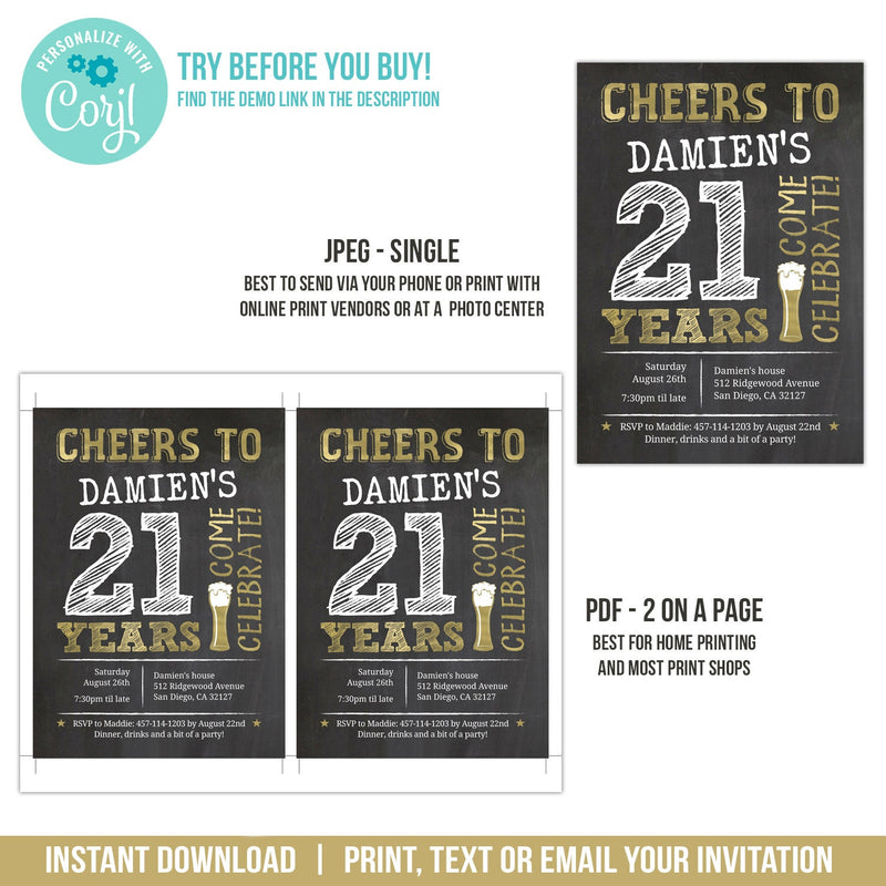 Editable 21st Birthday Invitation, Cheers to 21 Years Beer Theme Party Digital Invite