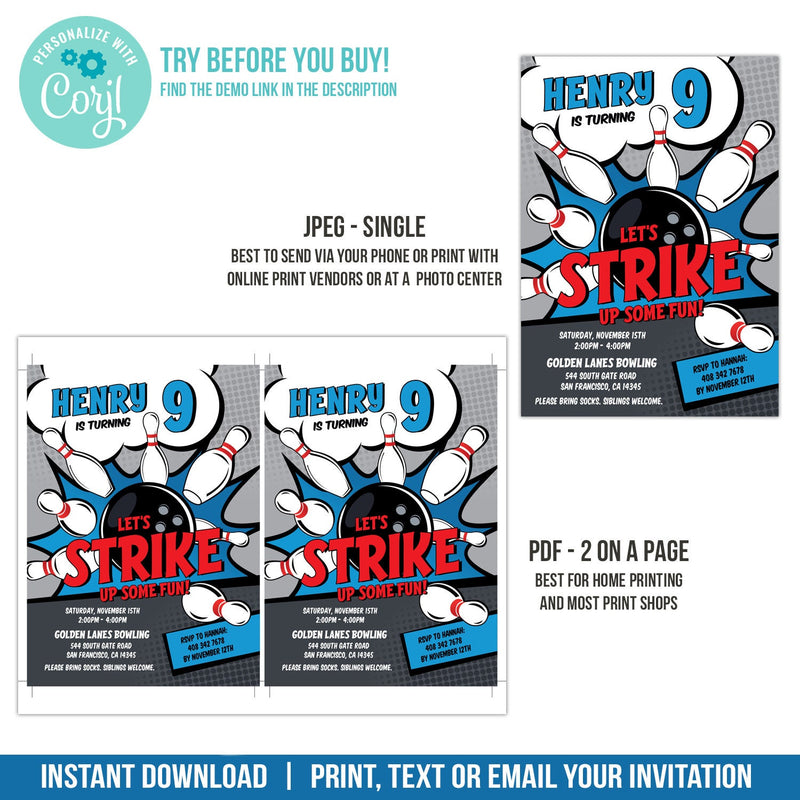 Bowling Birthday Invitation. Strike Up Some Fun EDITABLE Bowling Party Invite for Boys BB1