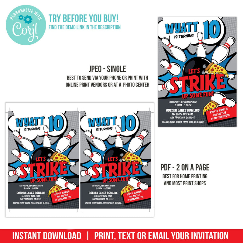 Editable Bowling & Pizza Party Invitation, Strike Bowling Pizza Party Digital Invite for Boy