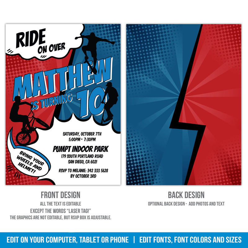 Editable BMX Bike Skater Scooter Birthday Invitation, Ride on Over Digital Party Invite