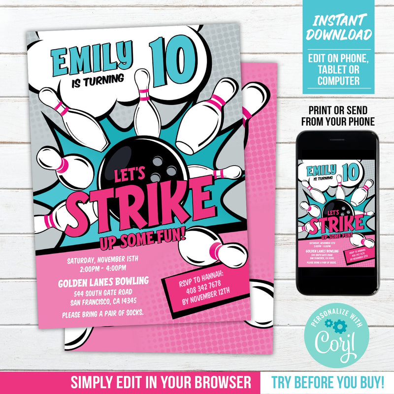 Bowling Birthday Invitation. Strike Up Some Fun EDITABLE Bowling Party Invite for Girls BB2