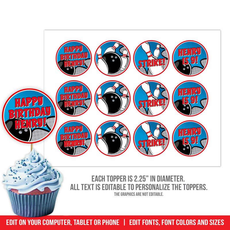 EDITABLE Bowling Birthday Cupcake Toppers for Boys. Tenpin Bowling with Pins Cake Toppers BB1