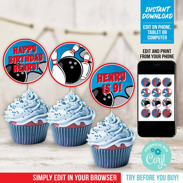 EDITABLE Bowling Birthday Cupcake Toppers for Boys. Tenpin Bowling with Pins Cake Toppers BB1