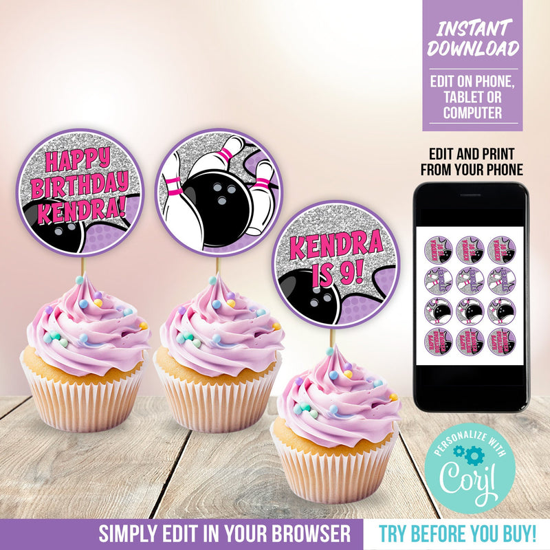 Bowling Birthday Cupcake Toppers Girl Editable Tenpin Bowl Party Cake Topper Purple Glitter Digital Download PRINTABLE BB2