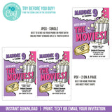 Editable Movie Party Invitation for Girls, Movie Birthday Digital Invite, Purple, Hot Pink