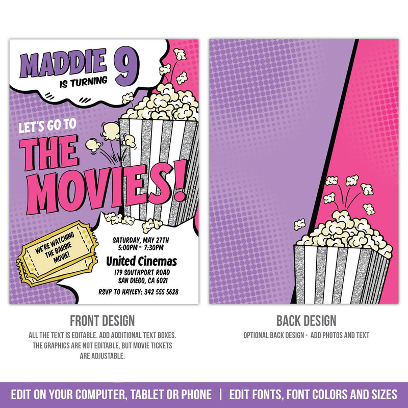 Movies Party Invitation for Girls. EDITABLE Movie Birthday Invite. Let's Go To The Movies! MO4
