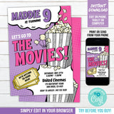 Movies Party Invitation for Girls. EDITABLE Movie Birthday Invite. Let's Go To The Movies! MO4