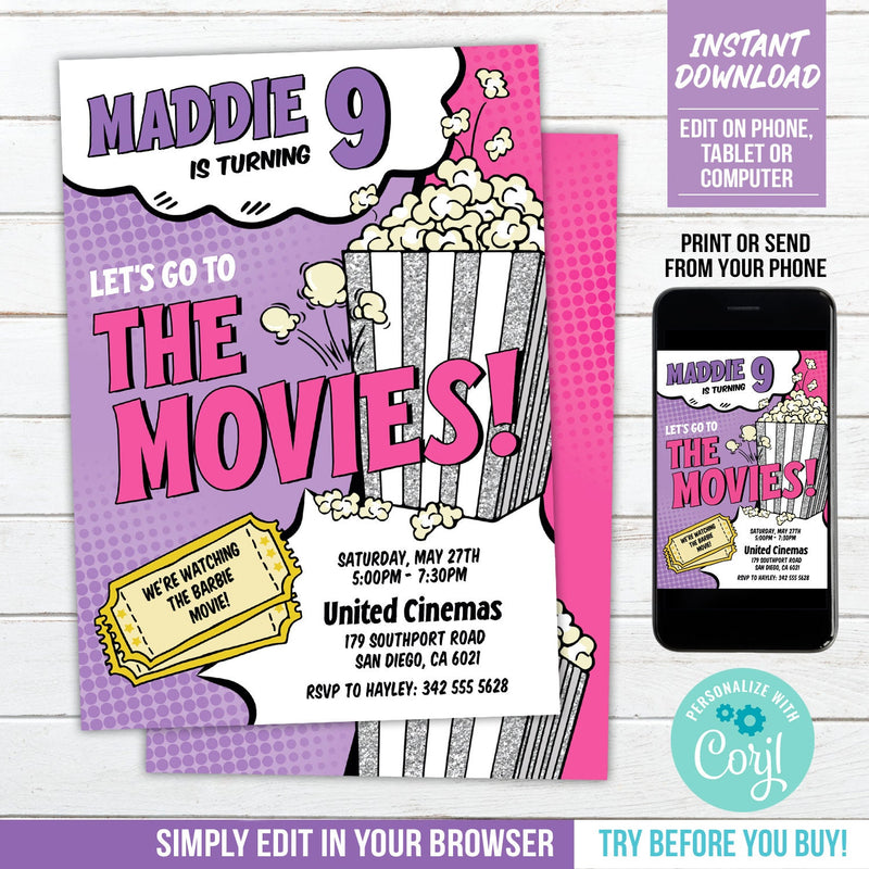 Movies Party Invitation for Girls. EDITABLE Movie Birthday Invite. Let's Go To The Movies! MO4