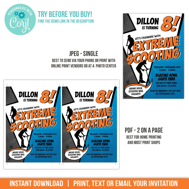 Scooter Birthday Invitation for Boys. EDITABLE Scooter Party Invite in Orange & Blue SC1