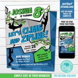 Climb and Zipline Birthday Invitation for Boys. EDITABLE Ziplining Party Invite Outdoor Obstacle Course BZ1