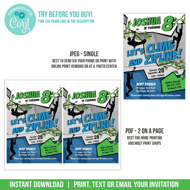 Climb and Zipline Birthday Invitation for Boys. EDITABLE Ziplining Party Invite Outdoor Obstacle Course BZ1