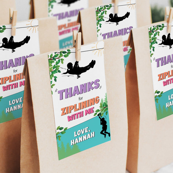 These editable ziplining birthday Thank You tags feature a girl ziplining through a forest scene. They make the perfect addition to a girl's zipline birthday decorations. Instant Download and Editable in Corjl. By Tangled Tulip Designs.