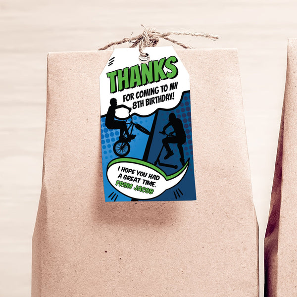 These Bike & Scooter birthday Thank You tags feature a comic style design with a biker and scooter, and a speech bubble with your wording. The perfect addition to fun Riding Party decorations!