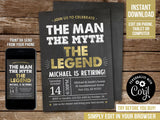 Retirement Party Invitation. The Man The Myth The Legend Is Retiring EDITABLE Invite. Gold Printable RE1