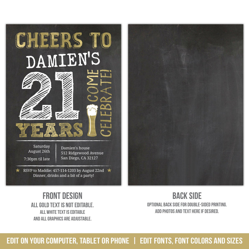 Editable 21st Birthday Invitation, Cheers to 21 Years Beer Theme Party Digital Invite