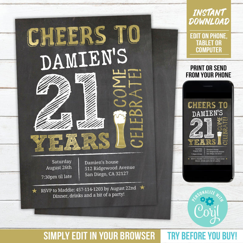 Editable 21st Birthday Invitation, Cheers to 21 Years Beer Theme Party Digital Invite