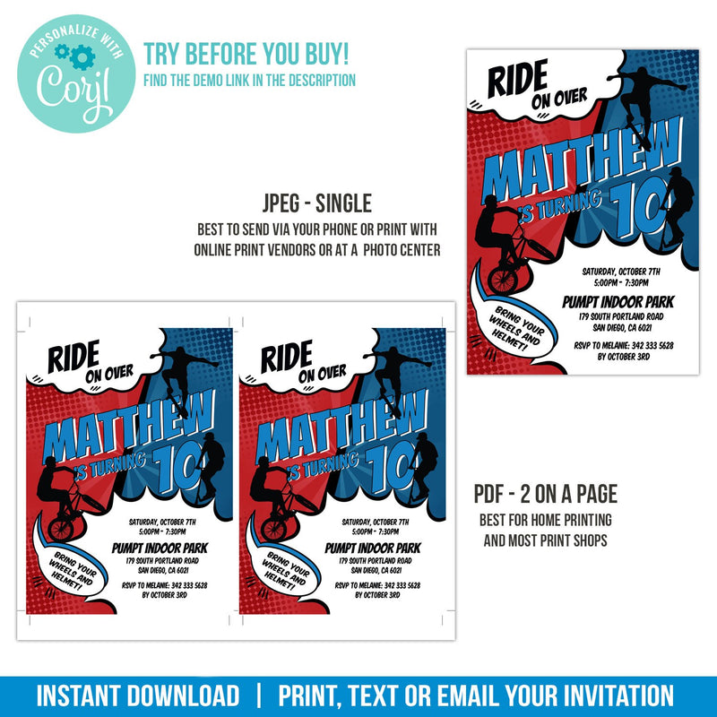 Editable BMX Bike Skater Scooter Birthday Invitation, Ride on Over Digital Party Invite