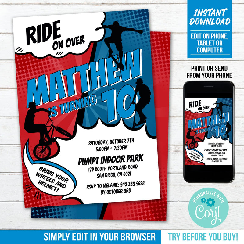 Editable BMX Bike Skater Scooter Birthday Invitation, Ride on Over Digital Party Invite