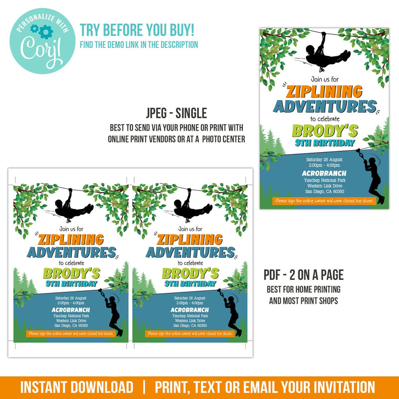 Editable Ziplining Party Invite for Boys. Zipline Adventure Birthday Invitation Instant Download  BZ1