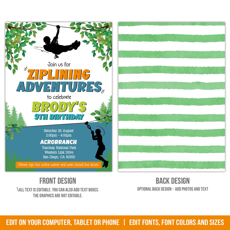 Editable Ziplining Party Invite for Boys. Zipline Adventure Birthday Invitation Instant Download  BZ1