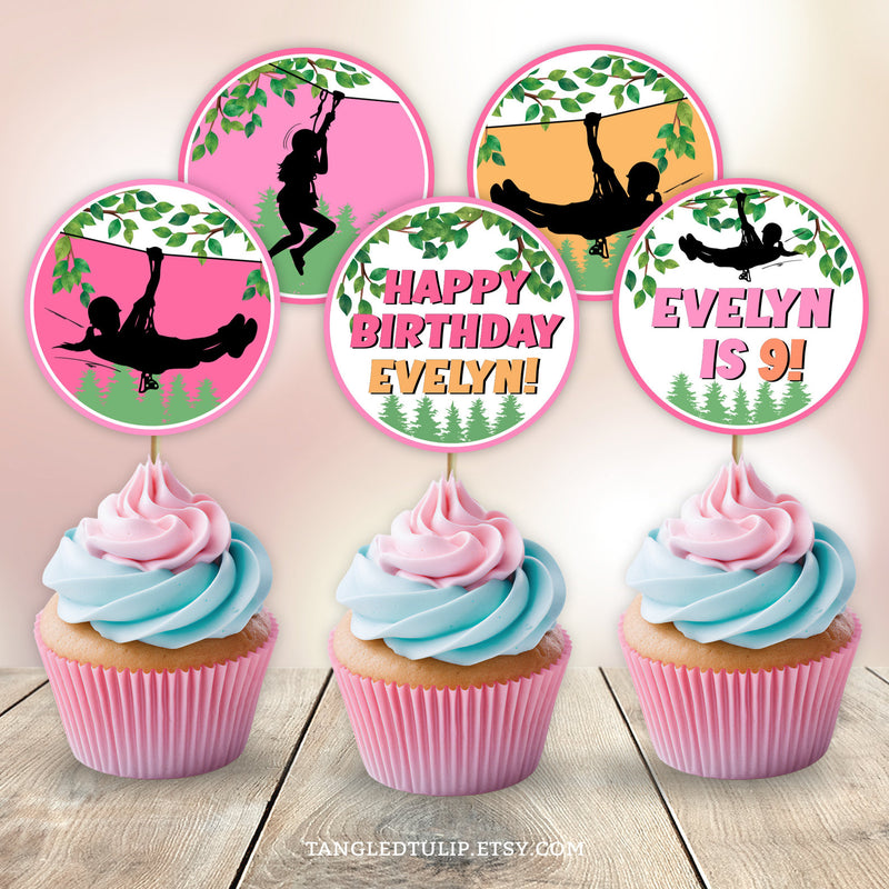 Editable Ziplining Party Cupcake Toppers for Girls Outdoor Adventure