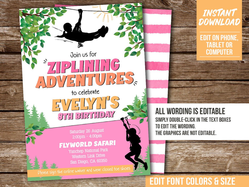 Ziplining Birthday Invitation. EDITABLE Girl Zipline Party Invite. Digital Download. GZ1