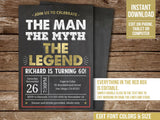 Editable 60th Birthday Invitation. The Man The Myth The Legend Party Invite. Gold and Chalkboard BG60