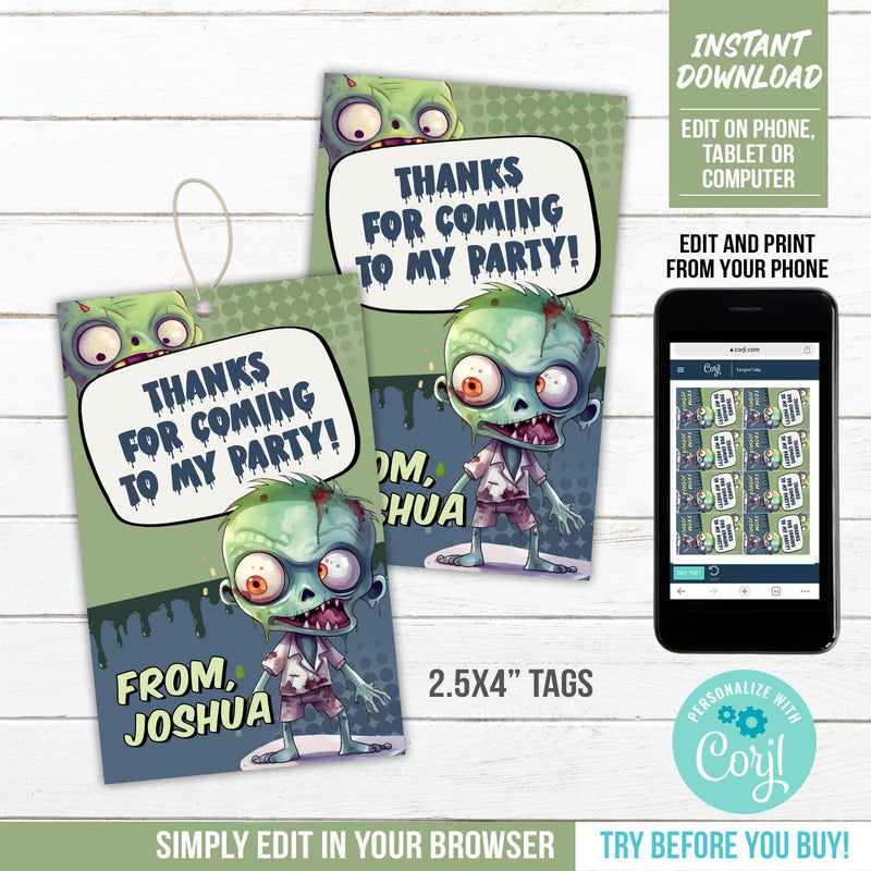 Zombie Party Thank You Tags. EDITABLE Zombie Apocalypse Favor Tag Template