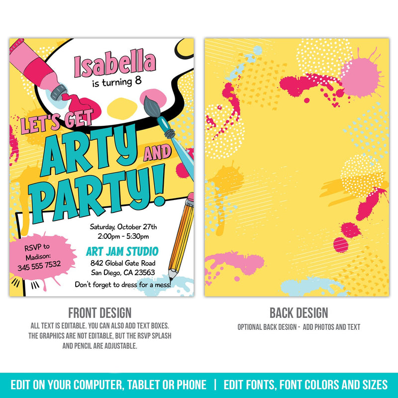 Art Party Invitation for Girls. EDITABLE Get Arty and Party Invite. Paintbrush Paint Splashes Digital Download