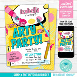 Art Party Invitation for Girls. EDITABLE Get Arty and Party Invite. Paintbrush Paint Splashes Digital Download