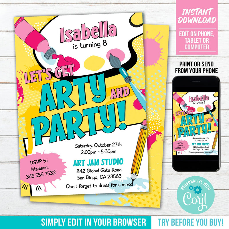Art Party Invitation for Girls. EDITABLE Get Arty and Party Invite. Paintbrush Paint Splashes Digital Download