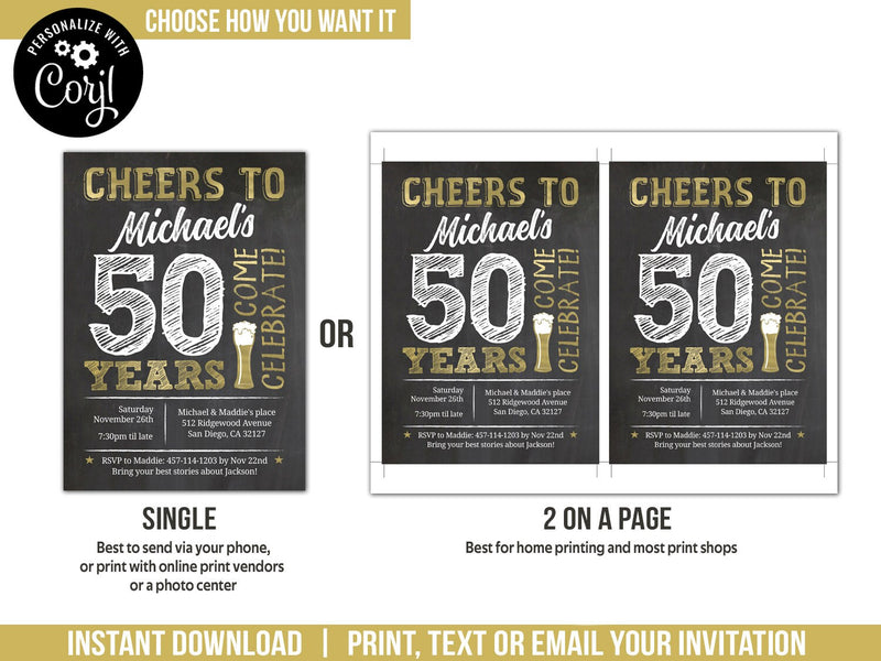 Cheers to 50 Years Party Invite. EDITABLE 50th Birthday Invitation, or any age. Gold, Beer. BG50