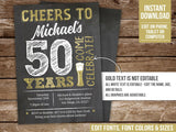 Cheers to 50 Years Party Invite. EDITABLE 50th Birthday Invitation, or any age. Gold, Beer. BG50