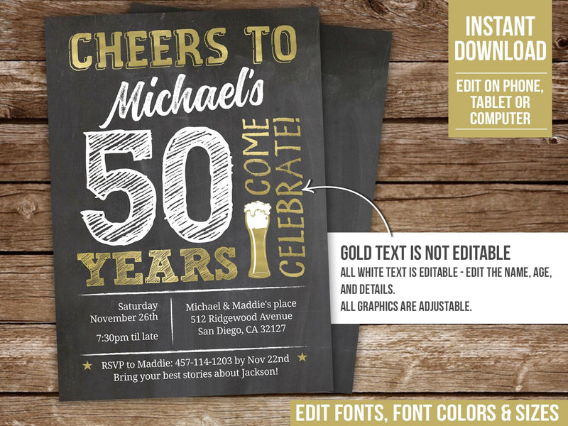 Cheers to 50 Years Party Invite. EDITABLE 50th Birthday Invitation, or any age. Gold, Beer. BG50