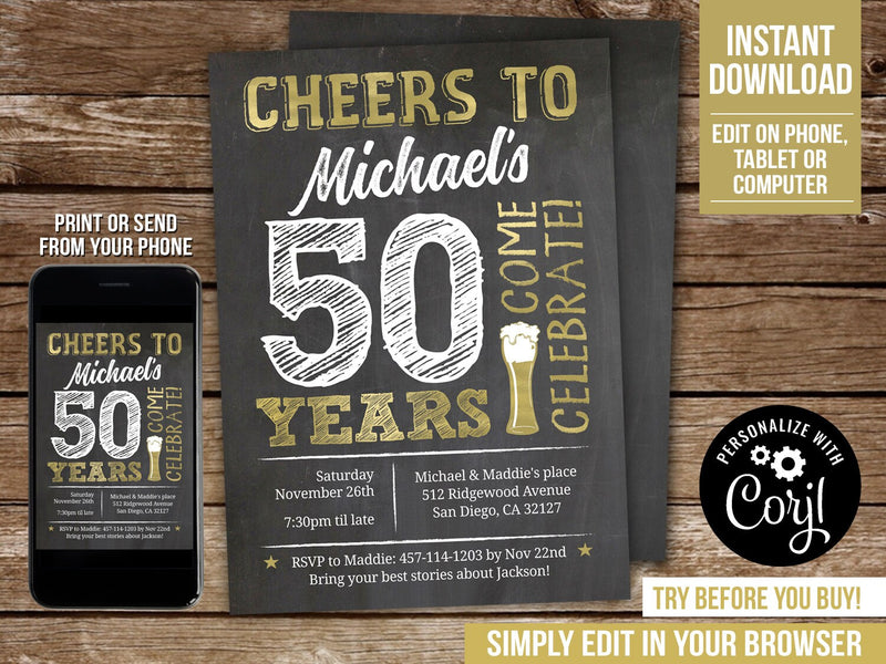 Cheers to 50 Years Party Invite. EDITABLE 50th Birthday Invitation, or any age. Gold, Beer. BG50