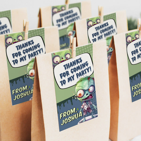 Zombie party Thank You favor tags with cute but gruesome little zombies. A great addition to a zombie apocalypse birthday party decorations.  Instant Download and Editable in Corjl. By Tangled Tulip Designs.