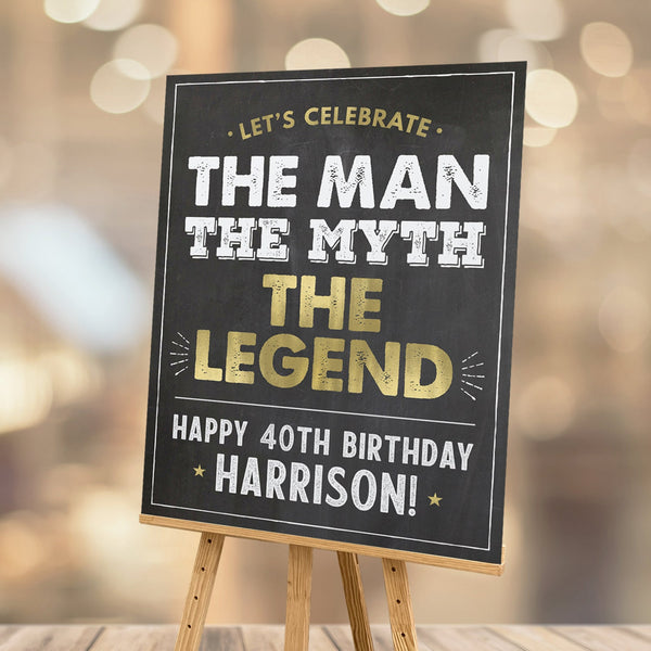 The Man The Myth The Legend Happy 40th Birthday sign in gold & chalk white on a classic chalkboard background. Customize with the name and age of the guest of honor. Instant Download and Editable in Corjl. By Tangled Tulip Designs.