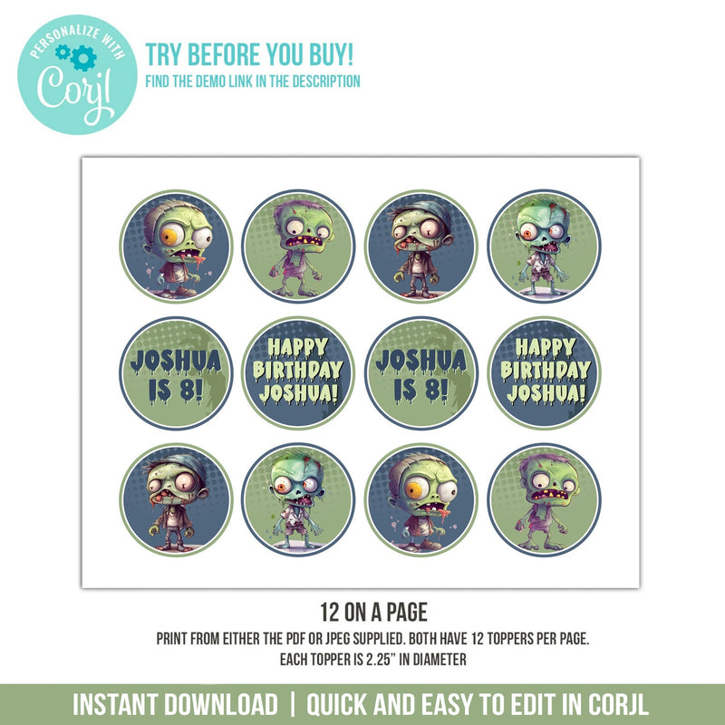 Zombie Cupcake Toppers. EDITABLE Little Zombies Apocalypse Birthday Cake Topper Corjl