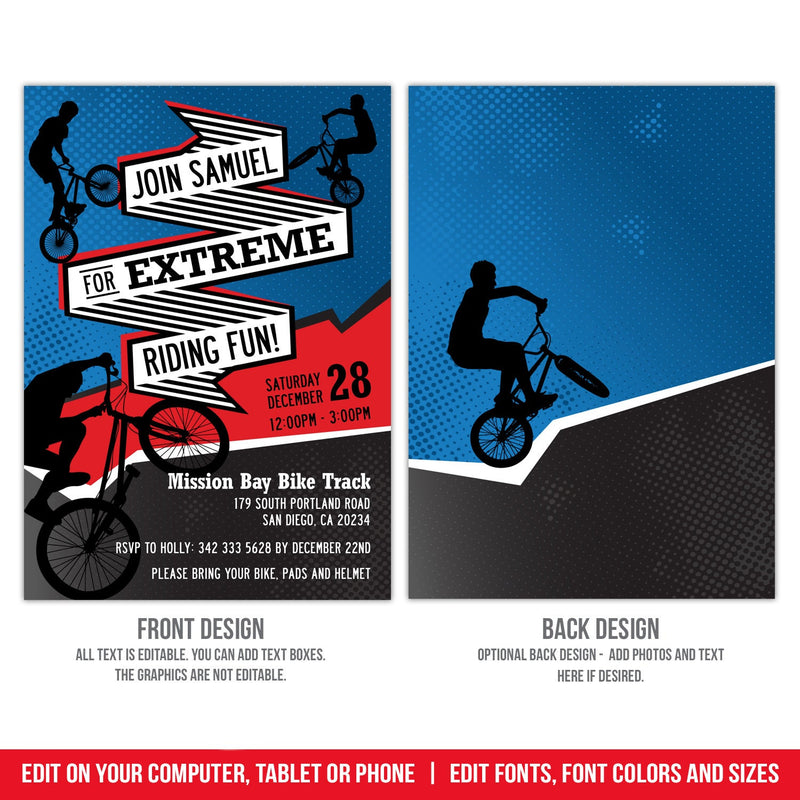 BMX Riding Birthday Invitation. Editable Biking Party Invite for Boys
