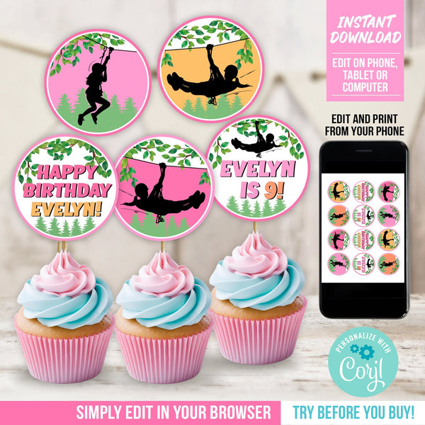 Editable Ziplining Party Cupcake Toppers for Girls Outdoor Adventure