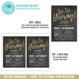 Retirement Party Invitation. EDITABLE Sip Sip Hooray Retiring Party Invite. Gold Chalkboard Man Retire RE1