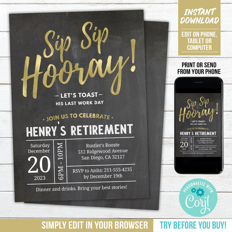 Retirement Party Invitation. EDITABLE Sip Sip Hooray Retiring Party Invite. Gold Chalkboard Man Retire RE1