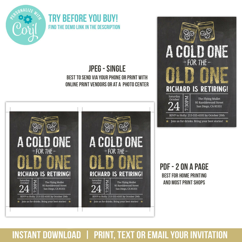 Retirement Party Invitation in a Whiskey Theme. Cold One Old One EDITABLE Retiring Invite RE1 WG