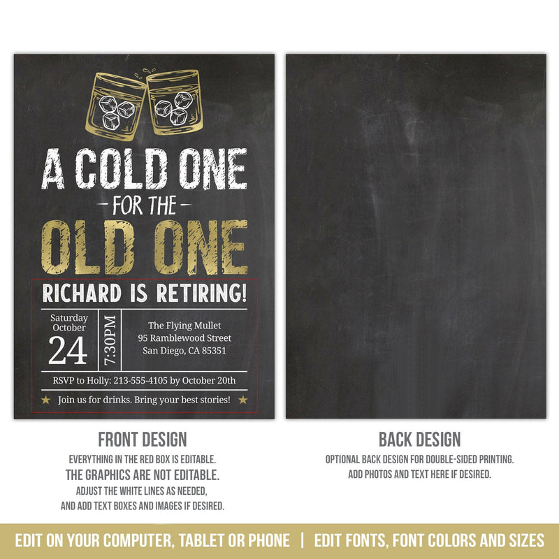 Retirement Party Invitation in a Whiskey Theme. Cold One Old One EDITABLE Retiring Invite RE1 WG