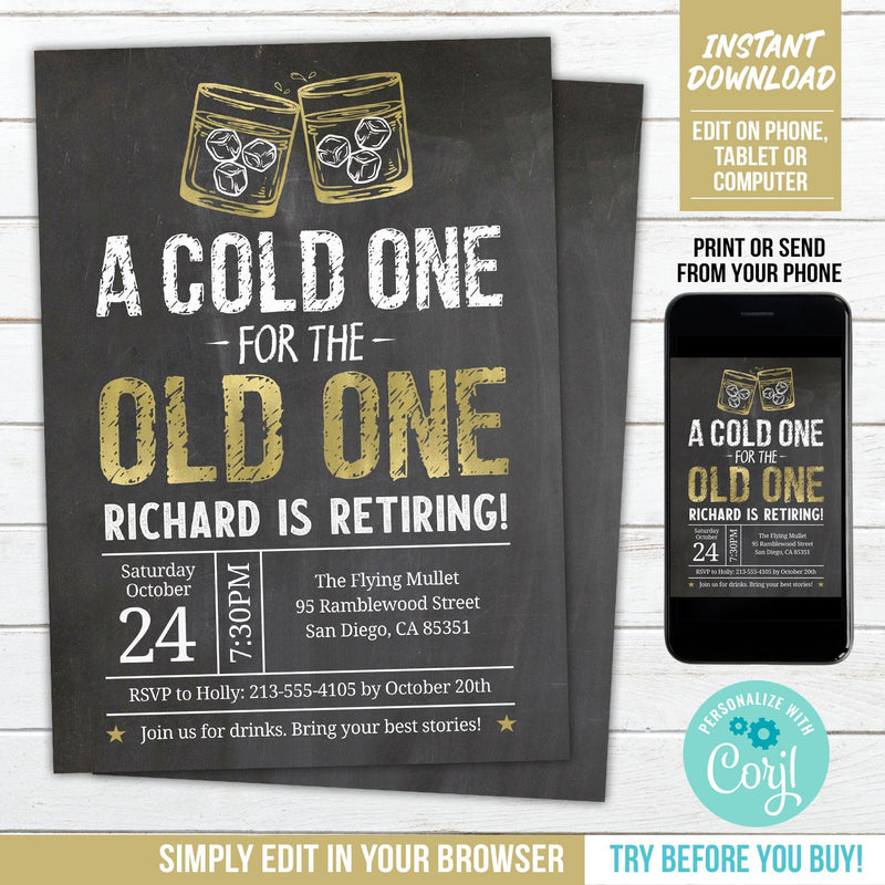 Retirement Party Invitation in a Whiskey Theme. Cold One Old One EDITABLE Retiring Invite RE1 WG