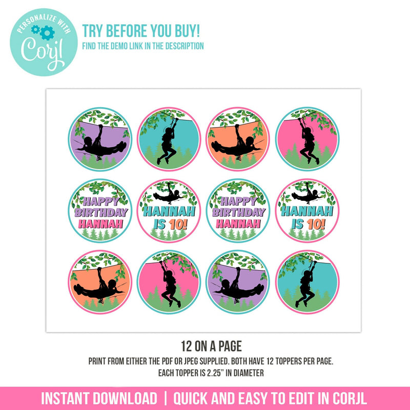 Editable Zipline Birthday Cupcake Toppers. EDITABLE Girl Ziplining Outdoor Adventure Party Topper Template GZ1