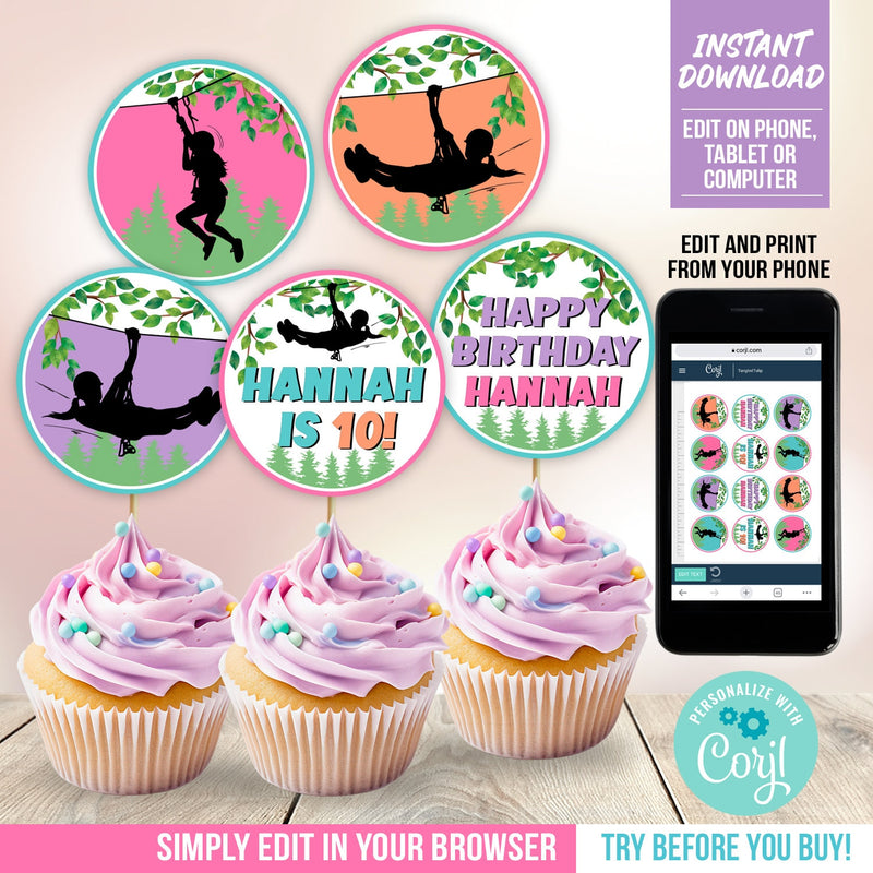 Editable Zipline Birthday Cupcake Toppers. EDITABLE Girl Ziplining Outdoor Adventure Party Topper Template GZ1