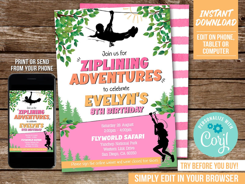 Ziplining Birthday Invitation. Editable Girl Zipline Party Digital Invite