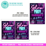 Glow in the Dark Party Invitation, Editable Girl Neon Glow Birthday Digital Invite